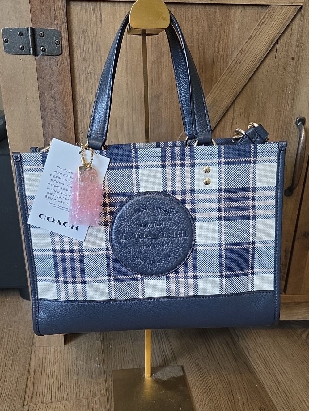 Coach Navy and Cream Plaid Leather-Trim Dipsy Carry-All